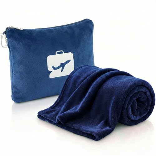Image of VAS COLLECTIONS Travel Pillow Blanket 2-in-1, Ultra Soft Flannel Blanket with Carry Case, 65x40 Inches, Compact Portable Travel Blanket for Flights, Camping and Travel Comfort (Navy Blue)