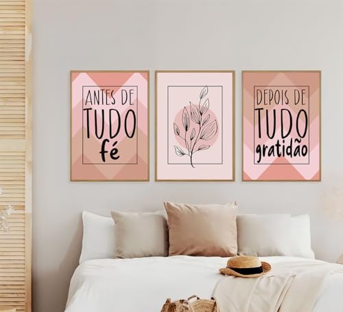 Kit 3 Quadros Antes De Tudo Fé Rosa Oliva Moderno Decoração Casa Sala e Quarto (43x32cm, Carvalho)