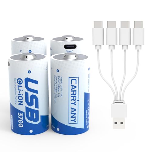 Rechargeable C Batteries, 5000mWh 1.5V Lithium C Cell Batteries with USB-C 4-in-1 Charging Cable, 1500+ Cycles, LR14 Long-Lasting Batteries for Flashlights, Toys, Radios (4 Pack-C Battery)