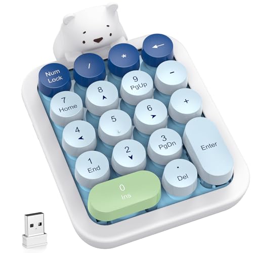 MOFII Cute Colorful Wireless Number Pad with Silicone Cover & Cute Bear Ornament, 2.4GHz Stable Wireless, Financial Accounting Extension (Blue Colorful)