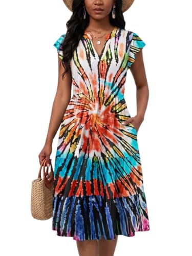 Image of Womens Summer Dress Ruffle Sleeve V Neck Midi Dresses Casual Fit Flowy Tiered Boho Beach Vacation Sundress