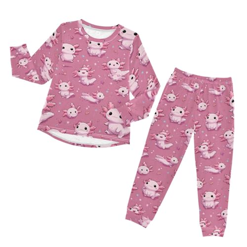 Cute Axolotls Pattern Pink Soft Pajama Set for All Seasons,Breathable Pjs Long Sleeve Sleepwear,Comfy Loungewear 2 Piece Underwear Set 4T