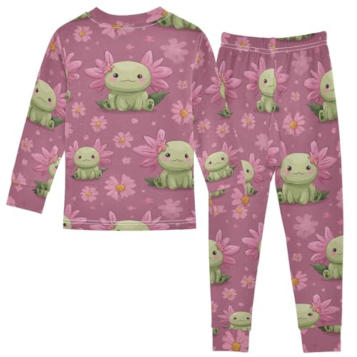 Pajama Sets Long Sleeve Cute Green Axolotl with Flowers Soft Comfy Sleepwear 2 Piece PJS 3-8T3