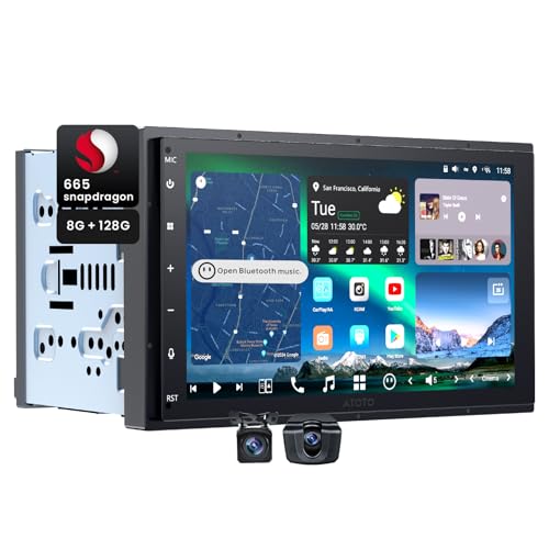 Double Din Car Stereo CarPlay & Android Auto, Android Car Radio HDMI Input, 7″ QLED Support HDMI & Dual Bluetooth, 4G LTE & WiFi, GPS Navigation, 8GB + 128GB TF Card, DSP,Front & Rear Cameras Included