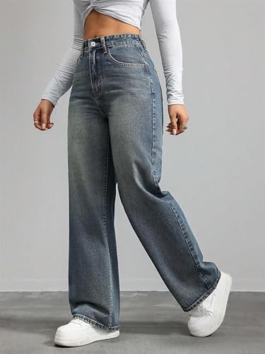 Image of DEELMO Women's Wide Leg Denim Jeans High Rise Loose Fit | Stretchy Casual Straight Pants Trendy | Comfortable Everyday Fashion Jeans for Women