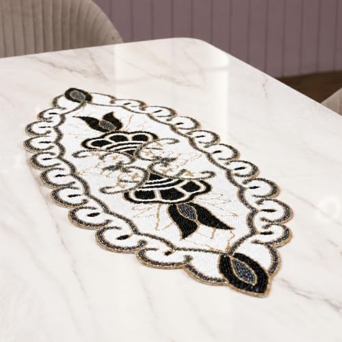 CLEENTABLE Floral Beaded Table Runner, 36x13 in, Black White by CLEENTABLE - Used condition - Image 3