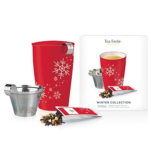 Single Steeps Loose Leaf Tea and Kati Tea Cup with Infuser and Lid, Red Snowflake