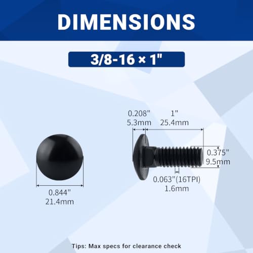 Image of 3 /8-16 x 1 Black Carriage Bolts with Nuts and Washers Kits (10 Sets), 304 Stainless Steel 18 /8, Black Finish, Round Head, Square Neck, Heavy Duty Bolts, Indoor Outdoor Fastening Bolts, Fayeploo
