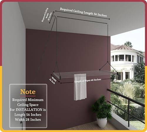 Image of Amiraj Ceiling Mounted Clothes Drying Stand | Heavy Duty Stainless Steel Ceiling Cloth Dryer | UV Protected Nylon Rope | 6 Pipes, 4 Feet | Space Saving Laundry Rack for Balcony & Indoor