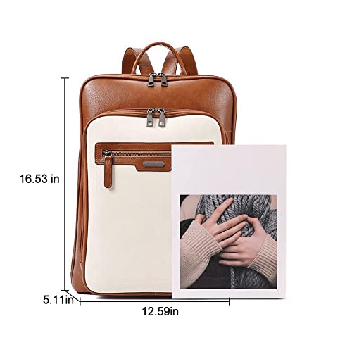 CLUCI Leather Laptop Backpack for Women 15.6 inch Computer Backpack Travel Large Business Work Daypack Off-white with Brown3