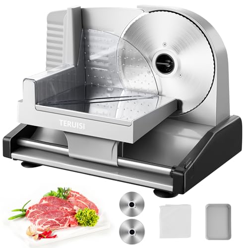 TERUISI Meat Slicer, 200W Electric Deli Food Slicer with 2 Removable 7.5'' Stainless Steel Blades and Tray, 0-15mm Adjustable Thickness For Home Use, Easy to Clean, Cuts Meat, Bread and Cheese