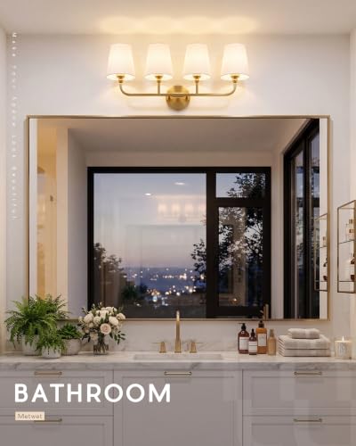 Image of 4-Light Brushed Gold Bathroom Vanity Light with White Fabric Shade | 28 Inch gold bathroom light fixture over mirror, UL listed, E26 bulbs, hardwired, upward only, VL837-BG-4K