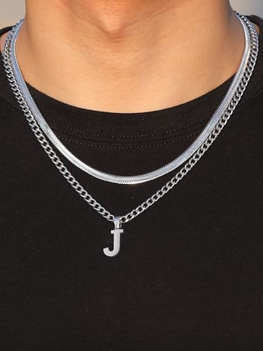 P.BLAKE Layered Initial A-Z Pendant Necklaces Gifts for Men Boys, Stainless Steel Letter Cuban Link Herringbone Chain Fashion Jewelry Gifts3