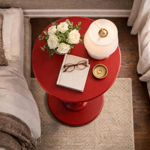 Image of Kundi Round Coffee End Table for Living Room - Modern Brown Accent Pedestal Side Table for Bedroom & Home Decor (Red)