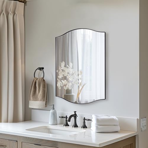 Image of ANDY STAR Black Bathroom Mirror, 22 inchx30 inch Scalloped Wall Mirror in Stainless Steel Metal Frame, Unique Vanity Mirror with Modern Curved Edge Design, Ideal for Bathroom, Bedroom, Entryway