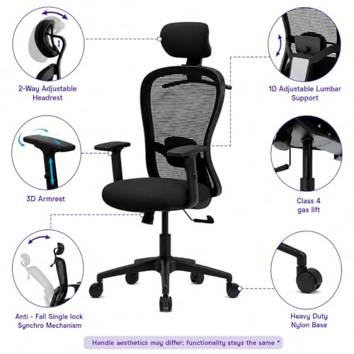 Image of Wakefit Safari Ergonomic Office Chair for Work | 3 Year Warranty | Single Lock and Recline | Soft Armrest with 3 Dimension adjustability| Strong Nylon Base | 8+ Hours of Comfort| Black