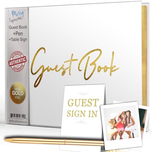 White & Gold Wedding Guest Book w/ Pen & Table Sign - Guestbook Sign in for Reception, Birthday Parties, Bridal or Baby Shower - Gilded Pages, Size 7