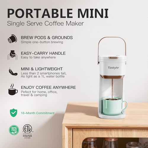 Image of Tastyle Single Serve One Cup Coffee Maker, for K Cups and Grounds, Mini Coffee Maker with Portable Handle, 6 to 12 Oz Brew Size, for Travel, Camping, Office, RV and Dorm, 120V, White and Brown