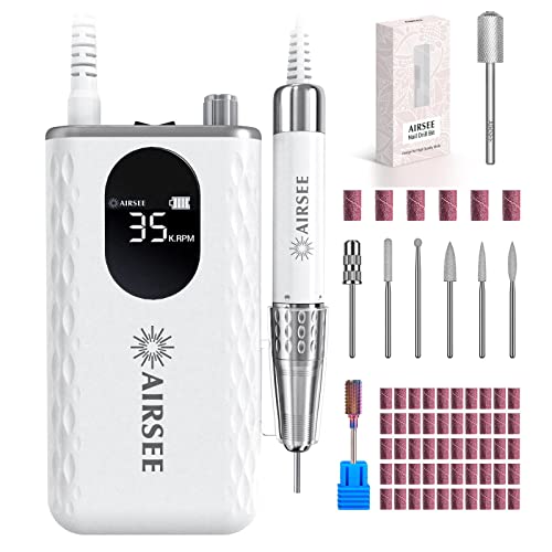 AIRSEE 35000 RPM Electric Rechargeable Nail Drill Machine for Acrylic Nails Extension Powerful Professional Cordless Portable Efile Kit + Tungsten Carbide Acrylic Nail Drill Bit Efile Electric File Ma