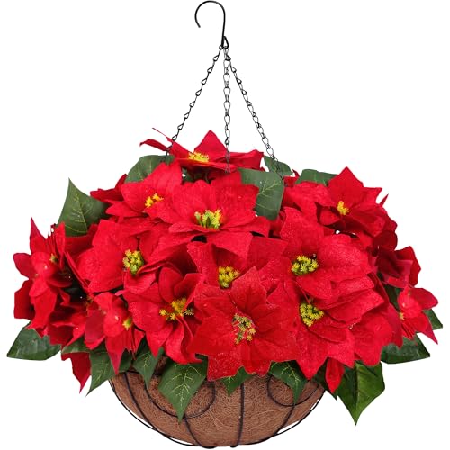 Artificial Christmas Poinsettia Flowers with Hanging Basket for Outdoor Decoration
