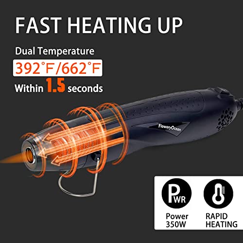 FloweryOcean 350W Mini Heißluftpistole,2 Temperatureinstellungen 392°F/662°F Heißluftfön,für Handwerk Prägen,Schrumpfschläuche,Epoxidharz,Erhitzte Schrumpfung,Tinte Trocknen,CE-Zulassung