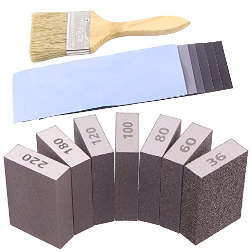 Swpeet 20Pcs 4 x 2.8 x 1 Inch 7 Sizes #36-5000 Grit Ultra Fine Wet and Dry Sanding Sponge Sanding Blocks and 6 Sizes Sandpapers Sheets with and Wooden Paint Brush Kit, Sand Block Flexible Sanding Pads