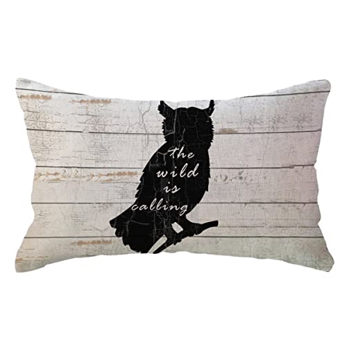 Wildlife Owl Lumbar Throw Pillow Covers Wood Grain Rustic Wild Animals With Quotes The Wild Is Calling Cabin/Camper Decorative Rectangular/Waist Pillow Cases 18 X 18 Inches #TOP8