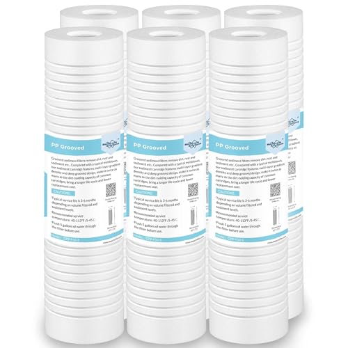Membrane Solutions Grooved Sediment Water Filter Cartridge (Pack of 6), 0.5 Micron Whole House Water Filter Universal Replacement 10
