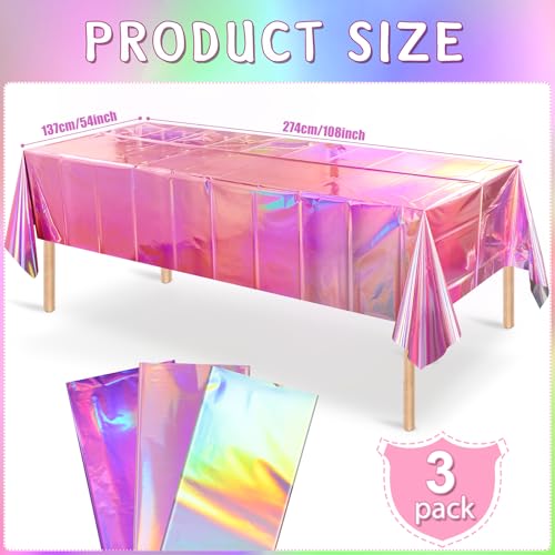 Image of 3 Pack Iridescent Pink and Purple Kpop Plastic Tablecloths, FunnyPars Disposable Rectangle Table Covers, Holographic Metallic Foil Tablecloth Iridescent Party Decorations for Kpop Birthday, 54x108Inch