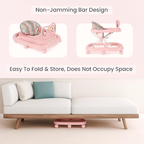Image of Blushbaby 360 Baby Walker for 6-18 Months | 5-Height Adjustable Activity Walker with Cushioned Seat, Meal Tray & Toy Bar | Foldable & Lightweight Walker for Boys & Girls (Pink)