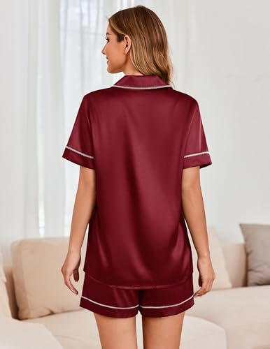 Image of Ekouaer Womens Satin Silk 2 Piece Pajamas Set Short Sleeve Sleepwear | Button Down Top and Shorts Loungewear Set for Sleep, Home, Wedding, Travel, Party, Daily Wear & Great for Sharing