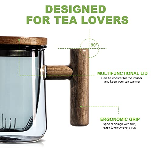 Susteas Tea Mug : Glass Teacup With Infuser And Lid - Tea Cup With Wooden Handle, Gray Teacup For Tea Steeping At Home And Office, Gray (13.5Oz ) #TOP2