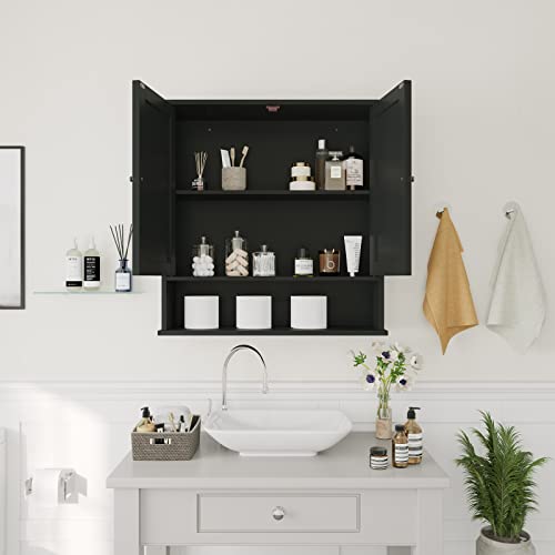 Reettic Two Door Wall Cabinet, Wooden Medicine Cabinet, Wall Mounted Bathroom Storage Cabinet With Inner Adjustable Shelf, For Bathroom, Kitchen, Entryway, Black Bmgz103B #TOP4