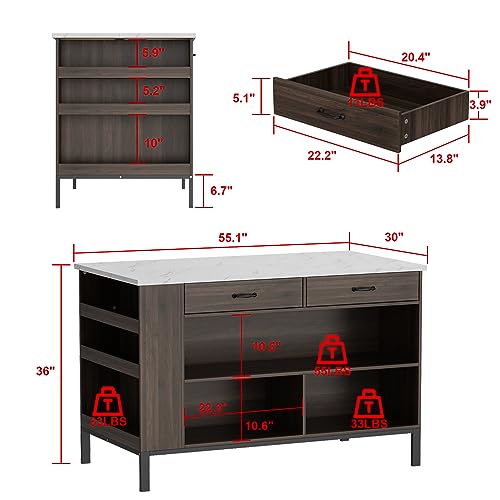 Image of Homsee Modern Brown & White Kitchen Island with Marble Grain Top, 55.1 inchW x 30 inchD x 36 inchH, 2 Drawers & 6 Shelves, Stationary Table for Kitchen & Dining Room