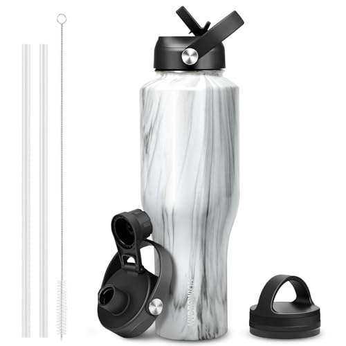 Image of HYDROWION 40 oz Insulated Water Bottle with Straw fit in Car Cup Holder(Cold 48 hrs, Hot 24 hrs) Drinking Bottle with Straw Lid, Spout Lid and Flex Cap Leakproof Travel Thermo Mug,Marbling