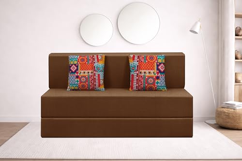 Image of Rosebell Two Seater Foldable Sofa Cum Bed (4x6 Feet) ? Jute Fabric, Washable Removable Cover, Includes Cushion | Space Saving Convertible Sofa Bed for Home, Office & Guests - Brown