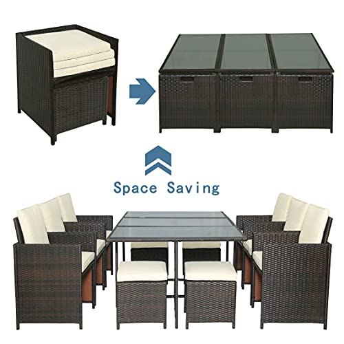 Tulib 11 Pieces 11Pieces Patio Dining Sets, Outdoor Space Saving Rattan Chairs with Glass Table, PE Wicker Furniture Cushioned Seating and Back Sectional Conversation (Brown)