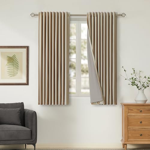100% Full Blackout Champagne Beige Velvet Curtains 63 inch Long for Living Room,Set of 2 Liner Rod Pocket Back Tab Thermal Window Curtains Room Darkening Heavy Decorative Curtains Drapes for Bedroom