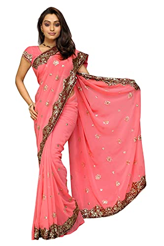 Indian Trendy Women's Bollywood Sequin Embroidered Sari Festival Saree Unstitched Blouse Piece Costume Boho Party Wear (Salmon), One Size