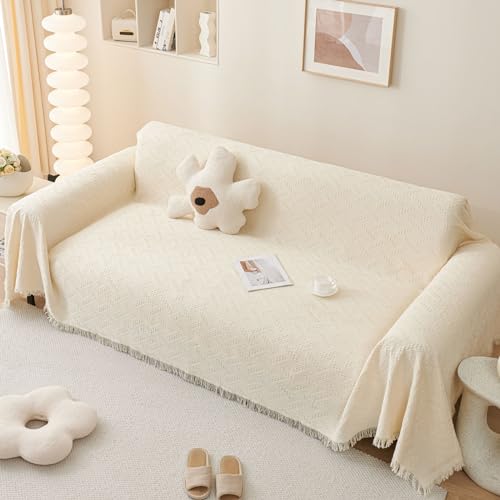 LHGOGO Sofaüberwurf Decke mit Fransen - 180x230cm Doppelseitig Überwurf Sofa 2 Sitzer Gewebtes Muster Decke als Tagesdecke, Sofa Überzug, Sofadecke - Creme