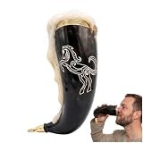 Stallion Pride Viking Drinking Horn 300-350 ml with Brass Rim & Lion Head Tip -Genuine Ox Horn Mug Mead, Ale, Ren Fair, LARP & Reenactments