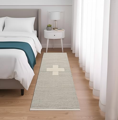 Image of SAGON 2x5 Ft Printed Runner Carpet - Cotton Bedside Rug for Bedroom & Living Room (Black Stripe Plus)
