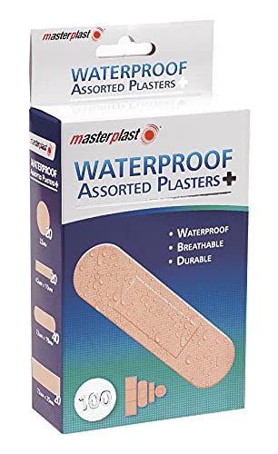 Masterplast 100 Waterproof Assorted Plasters | Mixed First Aid Dressings - Breathable & Durable - Perfect for The Shower or Swimming (100 Pack)
