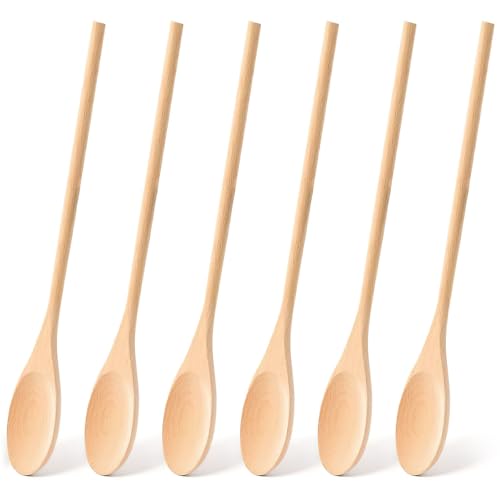 HANSGO Long Handle Wooden Cooking Mixing Oval Spoons, 6PCS 12 Inch Long Wooden Spoons Wooden Tasting Spoons Large Cooking Spoons