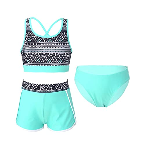 Alvivi Mädchen Bikini Tankini Set Blumen Druck Badeanzug Dreiteiliger Bademode Sport Tank Top +Shorts + Bikinislip Schwimmanzug Badebekleidung Ax Minzgrün 158-164