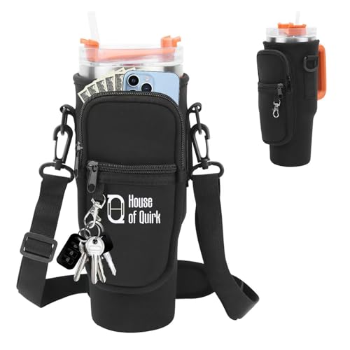 Image of House of Quirk Water Bottle Carrier Bag with Phone Pocket for Stanley 40 /30 oz Tumbler Neoprene Water Bottle Holder Pouch with Adjustable Strap (Black)