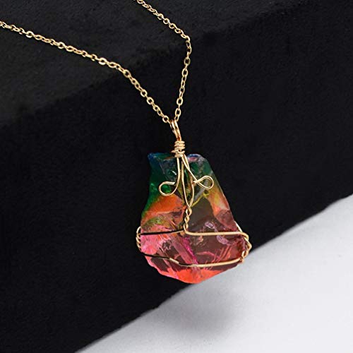 Firstfly Rainbow Stone Pendant Necklace, Irregular Quartz Stone Pendant Crystal Gemstone Necklace Clothes Chain Necklace For Women (Rainbow) #TOP3