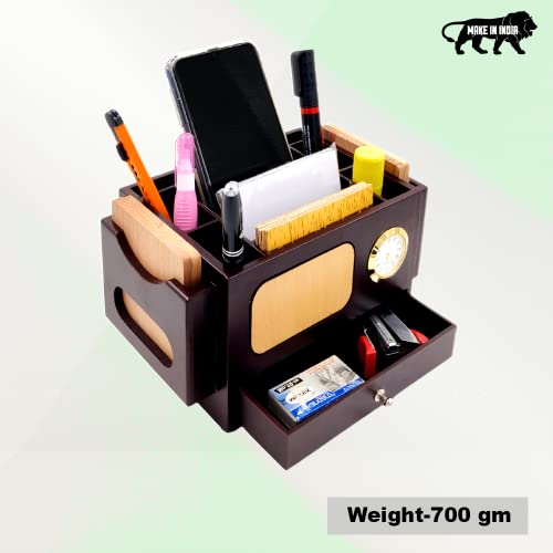 Image of WOOD HOUSE Pen Stand for Office Table with Clock, Wooden Pen Holder for Office Table Stylish, Wooden Desk Organizer for Office Table, Pen Stand with Drawer, Pen Stand with Compartment, Office Gifts
