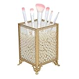Houseables Makeup Brush Holder, Cosmetic Organizer, 4”W x 5.5”H, White Pearls, Brass Jar, Glass Panels, Dressing Table Accessories, Decorative Vanity Storage, Gold Cup, Clear Countertop Container