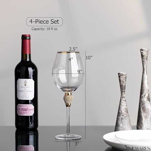 Rimmed Red Wine Glasses with Diamond Rhinestone Accent 18 oz, 10 Inches Tall Perfect Toasting Glasses for Bride and Groom Great for Party Wedding Anniversary and Special Occasion (Gold, Set of 4) by Dinewares - Image 3